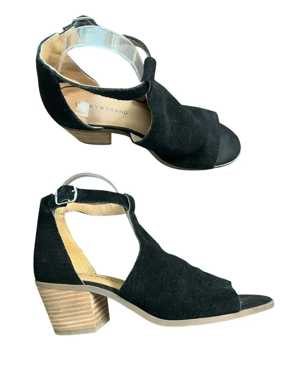 Lucky Brand Baxley Black Suede Peep Toe Stacked Heel Sandal Womem's Size 8.5